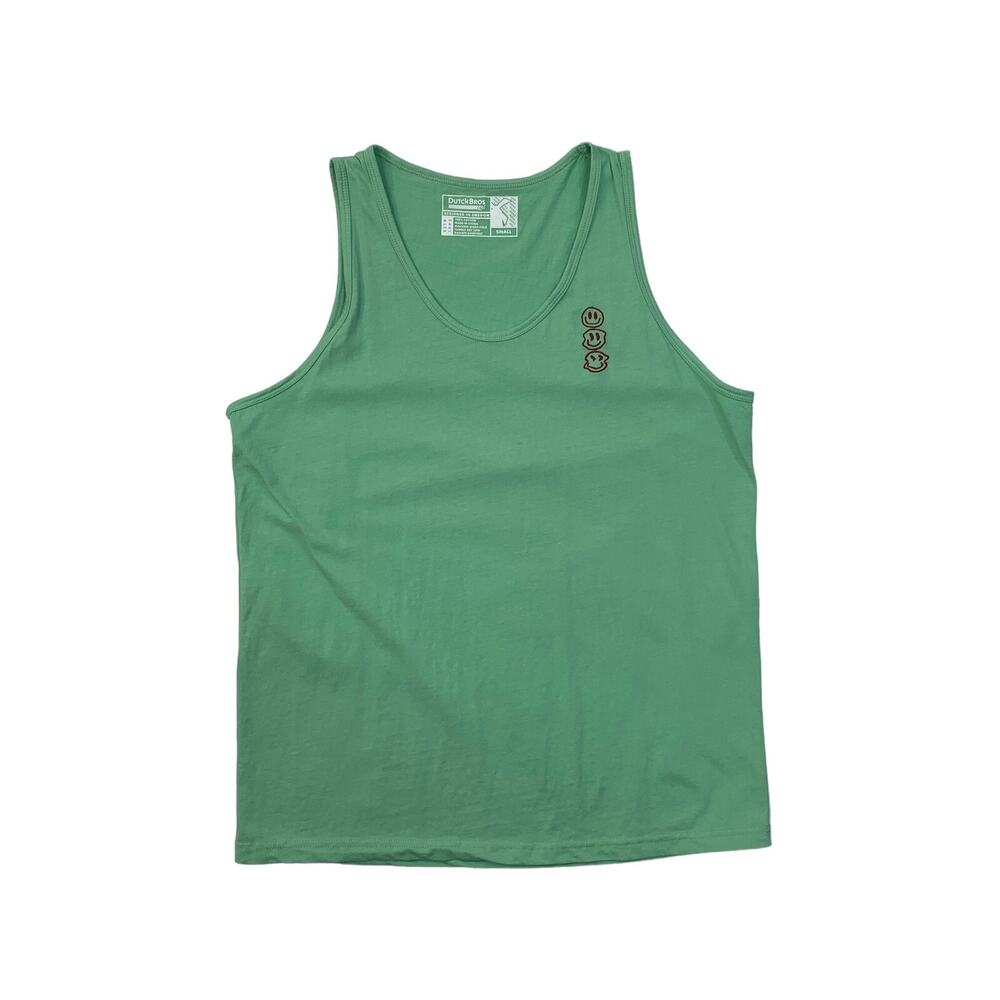 Dutch Bros Tank Top Mens S Small Lime Green Cotton Embroidered Smiley Face Logo